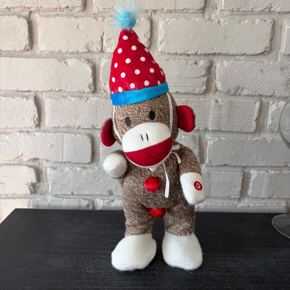 Animated Singing Dancing Sock Monkey Plush Party Hat Birthday Toy Brown Red
